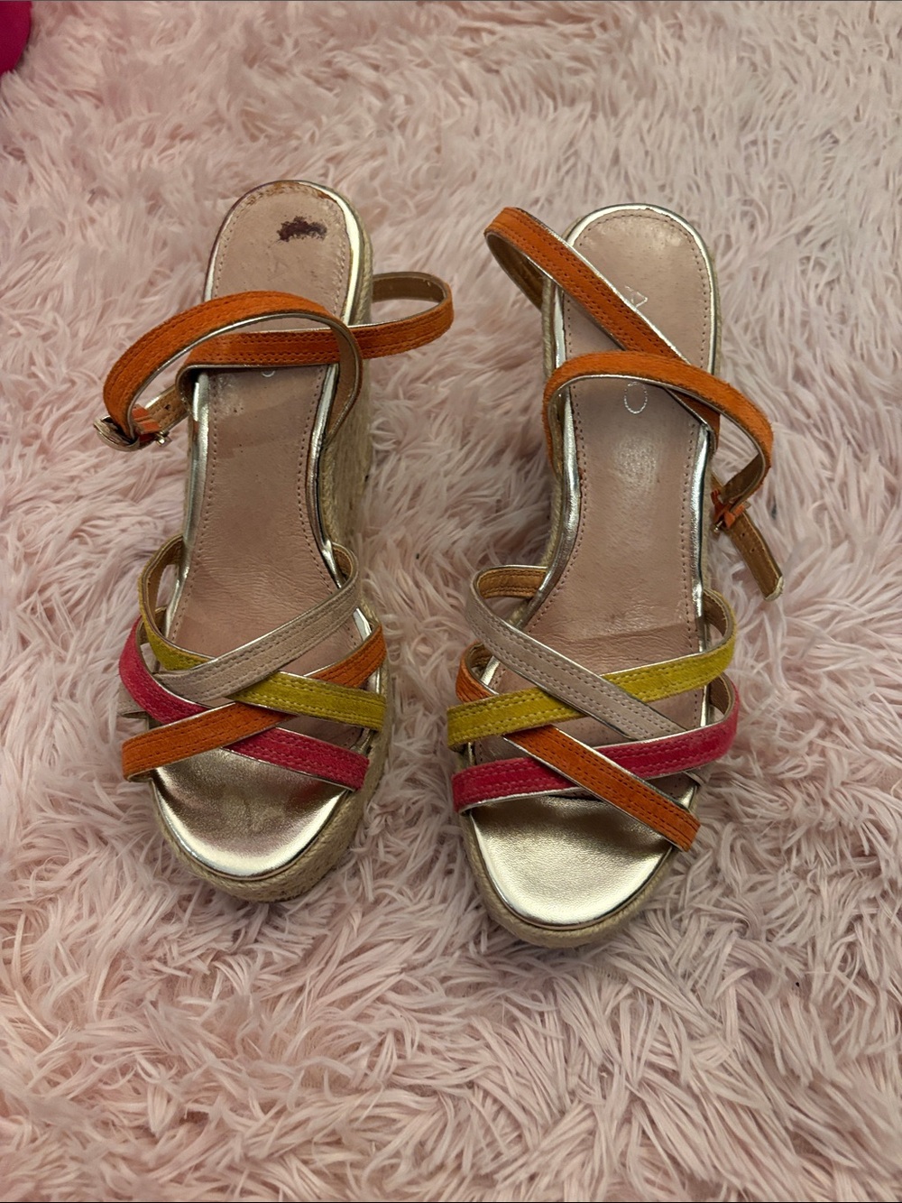 Aldo Multicolor Strappy Wedge Sandals - Pink, Orange, Yellow